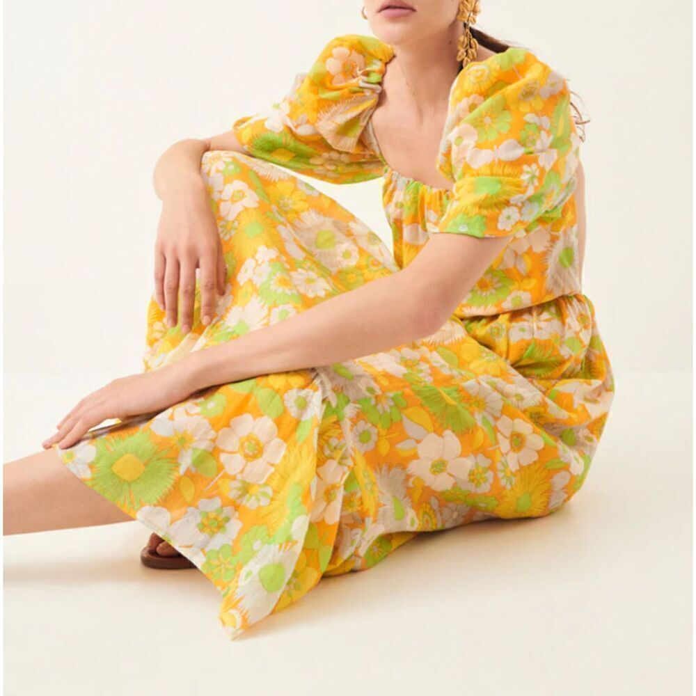 Antik Batik Lorette Dress Yellow Green Orange Long Midi Cotton Lined Size XS‎